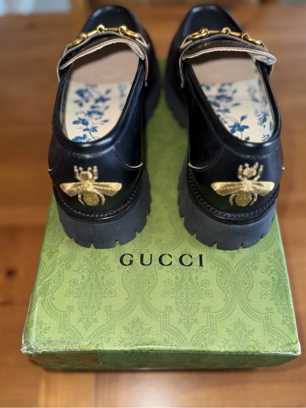 GUCCI Cordovan Lux Lug Sole Black Gold Horsebit Bee Loafers EU 40.5 Luxury Chic - Picture 5 of 12
